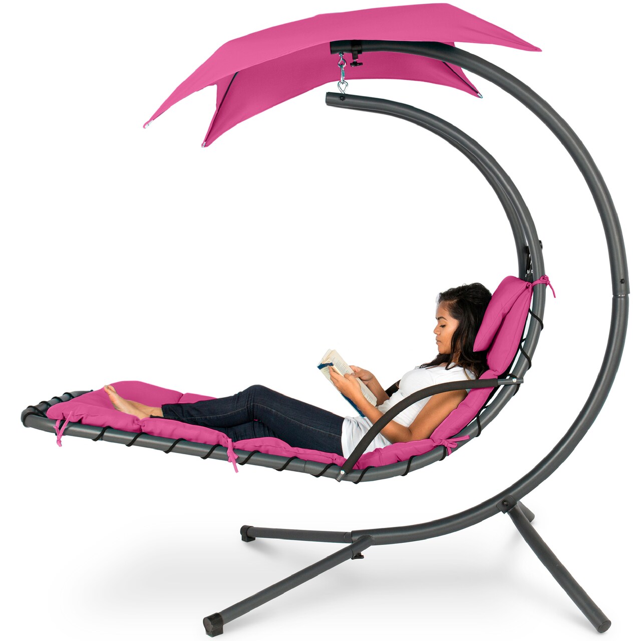Best Choice Products Hanging Curved Chaise Lounge Chair Swing for Backyard, Patio w/ Pillow, Shade, Stand